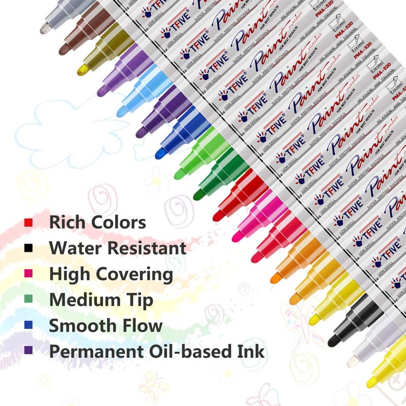 TFIVE Paint Pens Paint Markers Never Fade Quick Dry and Permanent,18 Color Oil-Based Waterproof Marker Pen Set for Rock Painting, Stone, Ceramic, Wood, Fabric, Plastic, Canvas, Glass, Mugs - Image 2